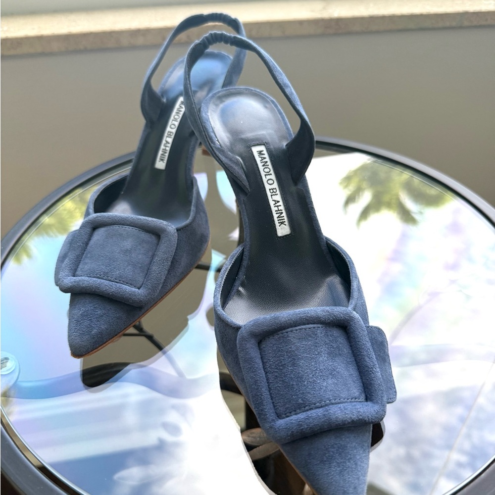 Manolo Blahnik Dark Blue Suede Slingback Heels - Picture 10 of 11